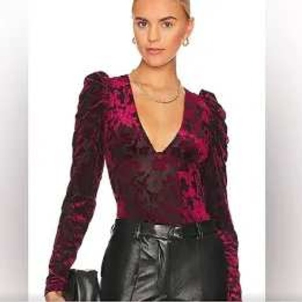 Free People Women Bodysuit S Burgundy Midnight Combo Burnout Velvet Puff Sleeve